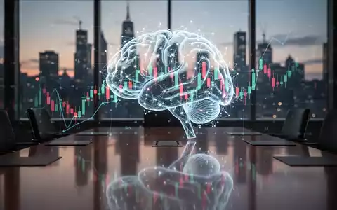 Glühendes neuronales Netz-Gehirn über Börsencharts, gespiegelt auf einem Konferenztisch, symbolisiert KI-Börsengang. - Foto: über boerse-global.de