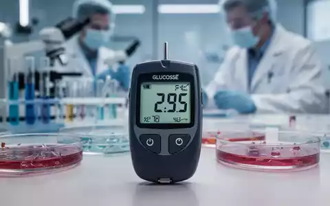 Nahaufnahme eines Blutzuckermessgeräts mit gesundem Wert, im Hintergrund unscharf Laborgeräte und ein Wissenschaftler. - Foto: über boerse-global.de
