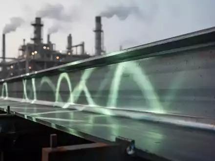 Ein glänzender, moderner kohlenstoffarmer Stahlträger mit leichtem Grünstich, der abstrakte Lichtmuster reflektiert. Im Hintergrund eine verschwommene Industrieanlage. - Foto: über boerse-global.de