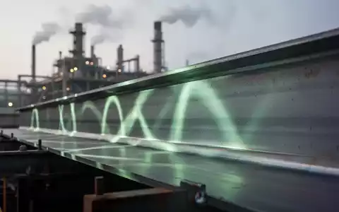Ein glänzender, moderner kohlenstoffarmer Stahlträger mit leichtem Grünstich, der abstrakte Lichtmuster reflektiert. Im Hintergrund eine verschwommene Industrieanlage. - Foto: über boerse-global.de