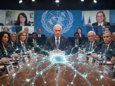 UN-Generalsekretär spricht vor einem leuchtenden neuronalen Netzwerk auf einer Konferenz zur KI-Regulierung. - Foto: über boerse-global.de