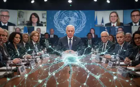 UN-Generalsekretär spricht vor einem leuchtenden neuronalen Netzwerk auf einer Konferenz zur KI-Regulierung. - Foto: über boerse-global.de