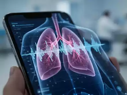 Smartphone zeigt eine Wellenform-Analyse, überlagert von einem stilisierten Lungensymbol, in einer medizinischen Umgebung. - Foto: über boerse-global.de