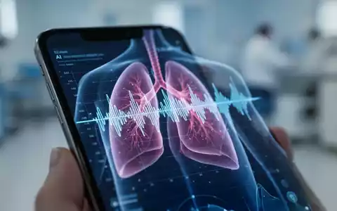 Smartphone zeigt eine Wellenform-Analyse, überlagert von einem stilisierten Lungensymbol, in einer medizinischen Umgebung. - Foto: über boerse-global.de