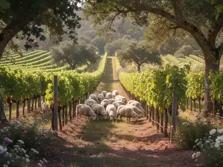 Ein üppiger Weinberg mit Reben, Bäumen und Sträuchern, in dem Schafe grasen. Symbolisiert nachhaltigen Weinbau und Ökosysteme. - Foto: über boerse-global.de