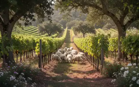 Ein üppiger Weinberg mit Reben, Bäumen und Sträuchern, in dem Schafe grasen. Symbolisiert nachhaltigen Weinbau und Ökosysteme. - Foto: über boerse-global.de