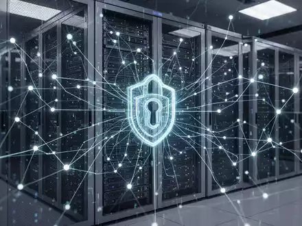 Ein abstraktes, leuchtendes Datennetzwerk über einem sicheren Server-Rack in einem modernen Rechenzentrum, das Datenschutz und Compliance symbolisiert. - Foto: über boerse-global.de