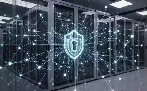 Ein abstraktes, leuchtendes Datennetzwerk über einem sicheren Server-Rack in einem modernen Rechenzentrum, das Datenschutz und Compliance symbolisiert. - Foto: über boerse-global.de