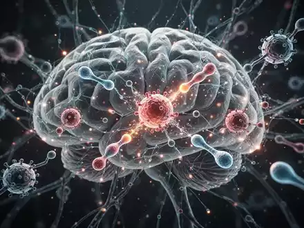 Abstrakte Darstellung eines Gehirns oder neuronalen Netzwerks mit leuchtenden Verbindungen und Immunzellen. - Foto: über boerse-global.de