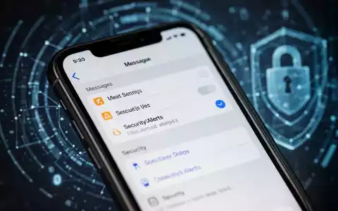 iPhone-Bildschirm mit Nachrichteneinstellungen, Sicherheitswarnungen und Filteroptionen, im Hintergrund ein leuchtendes digitales Netzwerk. - Foto: über boerse-global.de