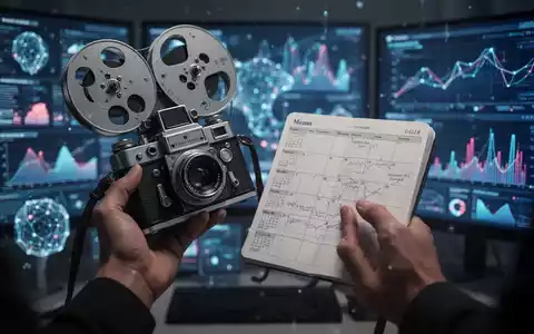 Hände halten eine Vintage-Filmkamera und einen Papierplaner, im Hintergrund verschwommene digitale Bildschirme und KI-Daten. Repräsentiert Work-Life-Balance im digitalen Zeitalter. - Foto: über boerse-global.de
