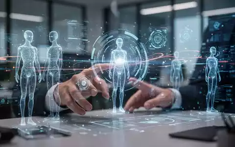 Eine futuristische Büroumgebung mit verschwommenen Händen, die mit holografischen Schnittstellen und digitalen Datenströmen interagieren. - Foto: über boerse-global.de