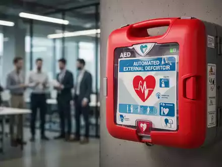 Ein automatischer externer Defibrillator (AED) hängt gut sichtbar an einer Wand in einem modernen Arbeitsumfeld. - Foto: über boerse-global.de