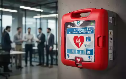Ein automatischer externer Defibrillator (AED) hängt gut sichtbar an einer Wand in einem modernen Arbeitsumfeld. - Foto: über boerse-global.de