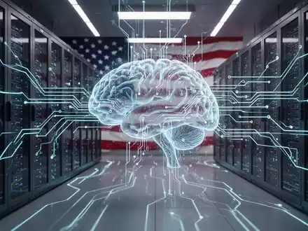 Zukunftsserverraum mit Datenflüssen und holografischem Gehirn, Symbol für KI-Entwicklung und staatliche Regulierung. - Foto: über boerse-global.de