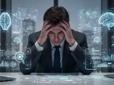 Person mit dem Kopf in den Händen, umgeben von digitalen Bildschirmen mit KI-Oberflächen, symbolisiert Burnout und Stress. - Foto: über boerse-global.de