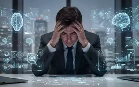 Person mit dem Kopf in den Händen, umgeben von digitalen Bildschirmen mit KI-Oberflächen, symbolisiert Burnout und Stress. - Foto: über boerse-global.de