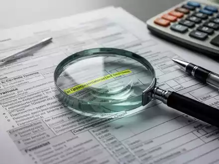 Nahaufnahme eines Finanzdokuments oder Steuerformulars, auf dem ein Vergrößerungsglas liegt, ein Stift bereitliegt und ein Taschenrechner im Hintergrund ist. - Foto: über boerse-global.de