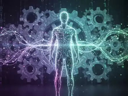 Eine stilisierte, leuchtende neuronale Netzstruktur geht von einer digitalen menschlichen Silhouette aus, umgeben von abstrakten Zahnrädern und Datenpunkten. - Foto: über boerse-global.de