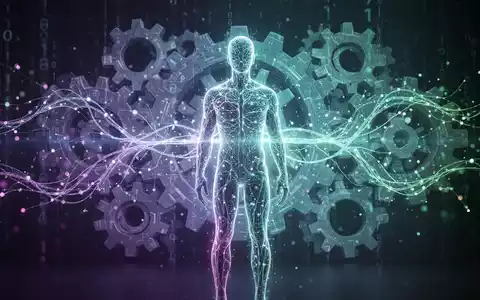 Eine stilisierte, leuchtende neuronale Netzstruktur geht von einer digitalen menschlichen Silhouette aus, umgeben von abstrakten Zahnrädern und Datenpunkten. - Foto: über boerse-global.de
