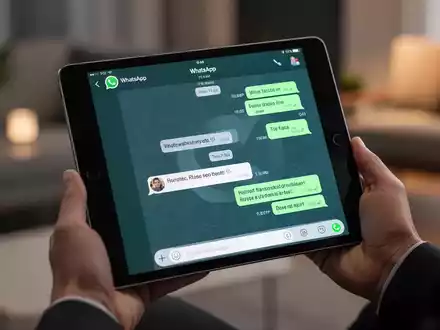 Ein iPad mit der WhatsApp-Oberfläche wird von Händen gehalten, im Hintergrund verschwommen eine moderne Wohn- oder Büroumgebung. - Foto: über boerse-global.de