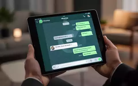Ein iPad mit der WhatsApp-Oberfläche wird von Händen gehalten, im Hintergrund verschwommen eine moderne Wohn- oder Büroumgebung. - Foto: über boerse-global.de
