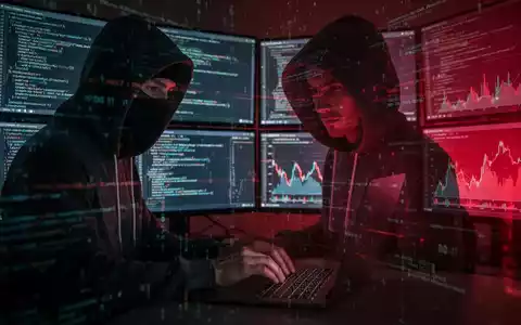 Eine Person im Kapuzenpulli tippt an einem Laptop, Bildschirme zeigen Code und Finanzdaten mit einem bedrohlichen roten Schein. - Foto: über boerse-global.de