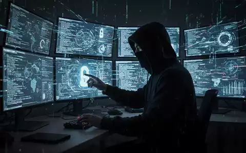 Eine dunkle Gestalt vor mehreren leuchtenden Bildschirmen, die digitale Datenströme und Symbole von Cyberkriminalität zeigen. - Foto: über boerse-global.de