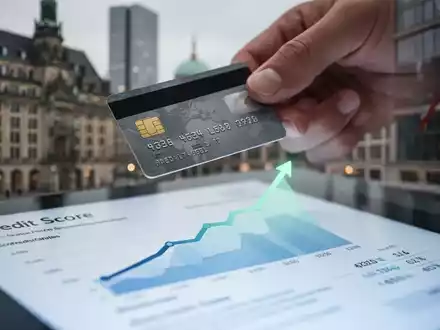 Eine Hand hält eine Kreditkarte über ein Finanzdokument mit steigender Kreditwürdigkeit. - Foto: über boerse-global.de