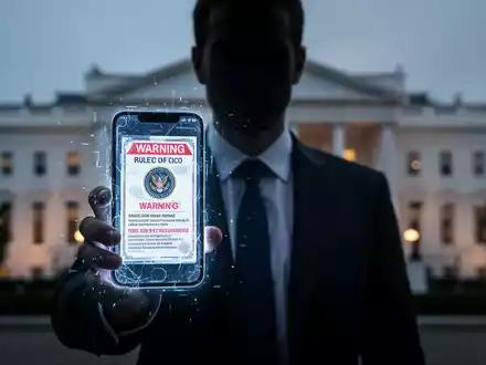 Verschwommene Person im Anzug hält leuchtendes Smartphone mit gefälschtem Ausweis und Warnung vor verschwommenem Regierungsgebäude. - Foto: über boerse-global.de