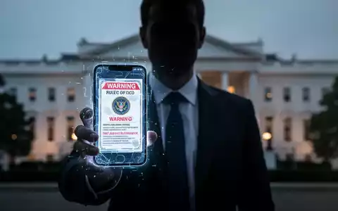 Verschwommene Person im Anzug hält leuchtendes Smartphone mit gefälschtem Ausweis und Warnung vor verschwommenem Regierungsgebäude. - Foto: über boerse-global.de