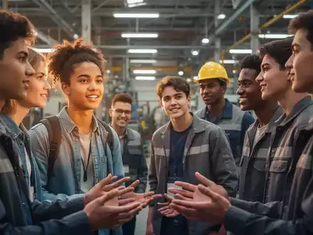 Eine Gruppe junger Arbeiter, die in einem modernen Industrieumfeld diskutieren, entschlossen und engagiert für ihre Zukunft. - Foto: über boerse-global.de
