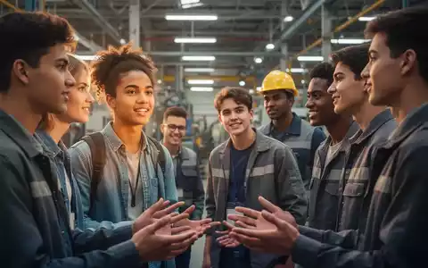 Eine Gruppe junger Arbeiter, die in einem modernen Industrieumfeld diskutieren, entschlossen und engagiert für ihre Zukunft. - Foto: über boerse-global.de