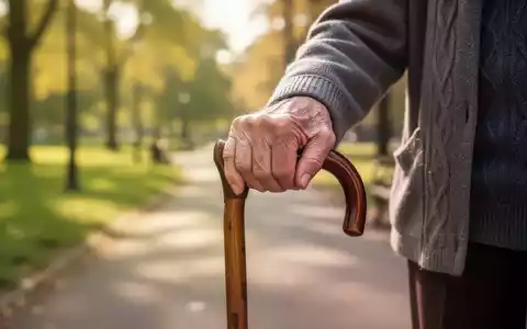 Eine ältere Hand ruht auf einem Gehstock, mit einem unscharfen Hintergrund eines sonnigen Parkweges, der Mobilität symbolisiert. - Foto: über boerse-global.de