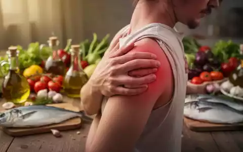Eine Person hält sich die schmerzende Schulter, im Hintergrund verschwommen mediterrane Lebensmittel auf einem Holztisch. - Foto: über boerse-global.de