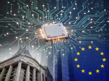 Leuchtende, komplexe Leiterplatte mit Datenströmen, die Finanzsysteme darstellt, verschmilzt mit abstrakter Architektur aus Abu Dhabi und der EU. - Foto: über boerse-global.de