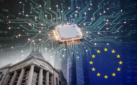 Leuchtende, komplexe Leiterplatte mit Datenströmen, die Finanzsysteme darstellt, verschmilzt mit abstrakter Architektur aus Abu Dhabi und der EU. - Foto: über boerse-global.de