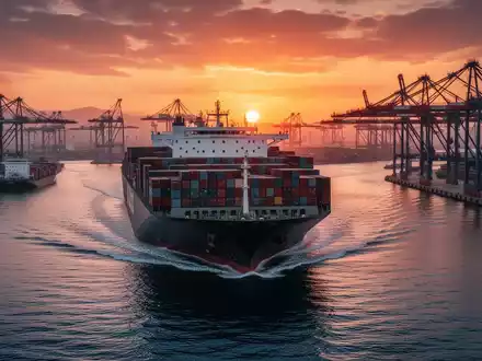 Containerhafen in der TĂŒrkei bei Sonnenuntergang mit einem ankommenden Containerschiff und zahlreichen KrĂ€nen. - Foto: ĂŒber boerse-global.de