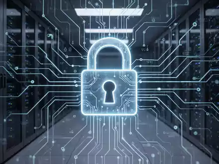 Ein stilisiertes, leuchtendes Vorhängeschloss-Symbol über einem digitalen Netzwerk oder einer Leiterplatte, das Cybersicherheit darstellt. - Foto: über boerse-global.de