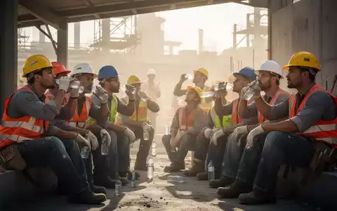Bauarbeiter machen eine Pause im Schatten an einem heißen Tag, trinken Wasser. Symbolisiert Hitzeschutzmaßnahmen am Arbeitsplatz. - Foto: über boerse-global.de