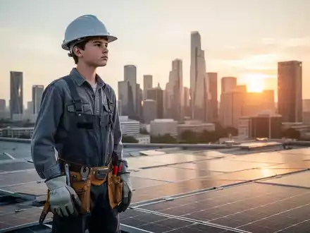 Ein junger Dachdeckergeselle mit Helm und Handschuhen steht auf einem Dach mit Solarpaneelen und blickt in die Ferne. - Foto: über boerse-global.de