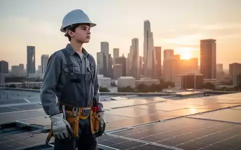 Ein junger Dachdeckergeselle mit Helm und Handschuhen steht auf einem Dach mit Solarpaneelen und blickt in die Ferne. - Foto: über boerse-global.de