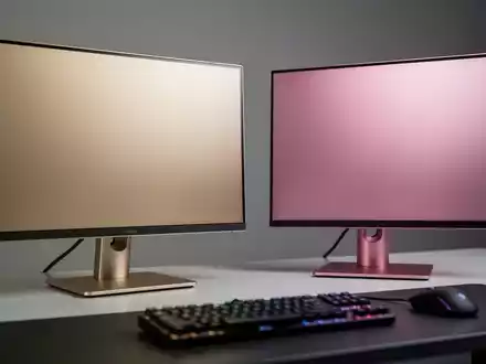 Zwei Gaming-Monitore in Champagnergold und Roségold auf einem Schreibtisch, die ihre metallischen Oberflächen zeigen. - Foto: über boerse-global.de