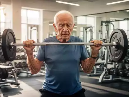Ein älterer Mann trainiert mit Gewichten in einem hellen Fitnessstudio, um Muskelschwund vorzubeugen. - Foto: über boerse-global.de