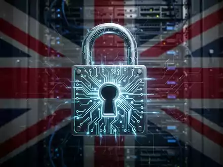 Digitales Schloss-Symbol mit Schaltkreisen, überlagert von verschwommener Union-Jack-Flagge und Serverrack, symbolisiert Cybersicherheitsbedrohungen. - Foto: über boerse-global.de