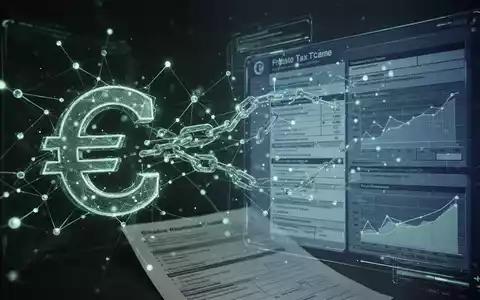 Eine Euro-Münze verschmilzt mit einem digitalen Netzwerk und Steuersymbolen, die die Besteuerung von Kryptowährungen darstellen. - Foto: über boerse-global.de