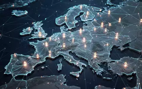 Eine stilisierte 3D-Darstellung einer digitalen Europakarte mit leuchtenden Knotenpunkten, die Startups repräsentieren und Vernetzung zeigen. - Foto: über boerse-global.de
