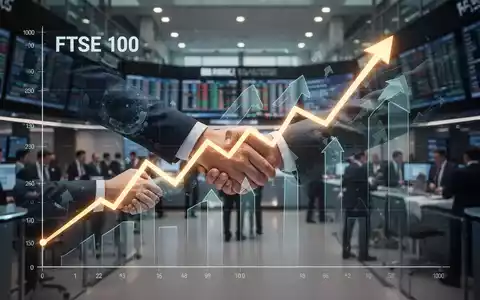 Ein stilisierter FTSE 100-Index-Chart mit positiver Tendenz, überlagert von abstrakten Darstellungen erfolgreicher Geschäftsabschlüsse. - Foto: über boerse-global.de