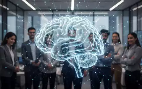 Ein futuristisches, leuchtendes neuronales Netz überlagert eine Gruppe von Büroangestellten, was den Einfluss von KI auf die Arbeitswelt symbolisiert. - Foto: über boerse-global.de