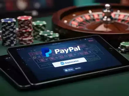 Ein Tablet zeigt eine Online-Casino-Oberfläche mit PayPal-Logo. Pokerchips und Rouletterad im unscharfen Hintergrund. - Foto: über boerse-global.de